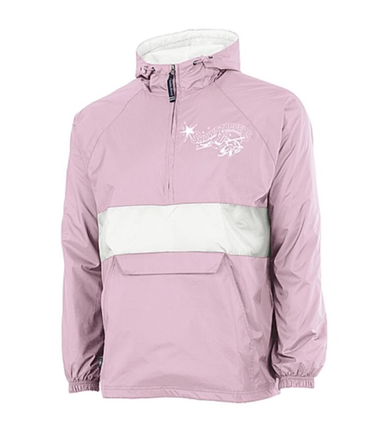 A light pink and white windbreaker jacket with a front zipper, hood, and a white horizontal stripe across the chest—perfect for wearing to ballet tap jazz lessons or to your favorite dance studio. White graphic and text on the left chest area; elastic cuffs. -Showstoppers Dance Studio
