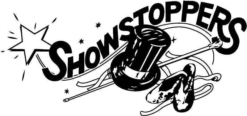The image shows the word SHOWSTOPPERS with a star, a magic wand, a top hat, and a pair of dance shoes, conveying a theatrical and magical theme. -Showstoppers Dance Studio