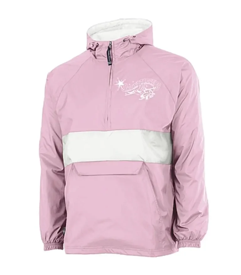 A light pink hooded windbreaker with a white horizontal stripe across the chest, front zipper, elastic cuffs, and a white logo design on the upper left chest. -Showstoppers Dance Studio